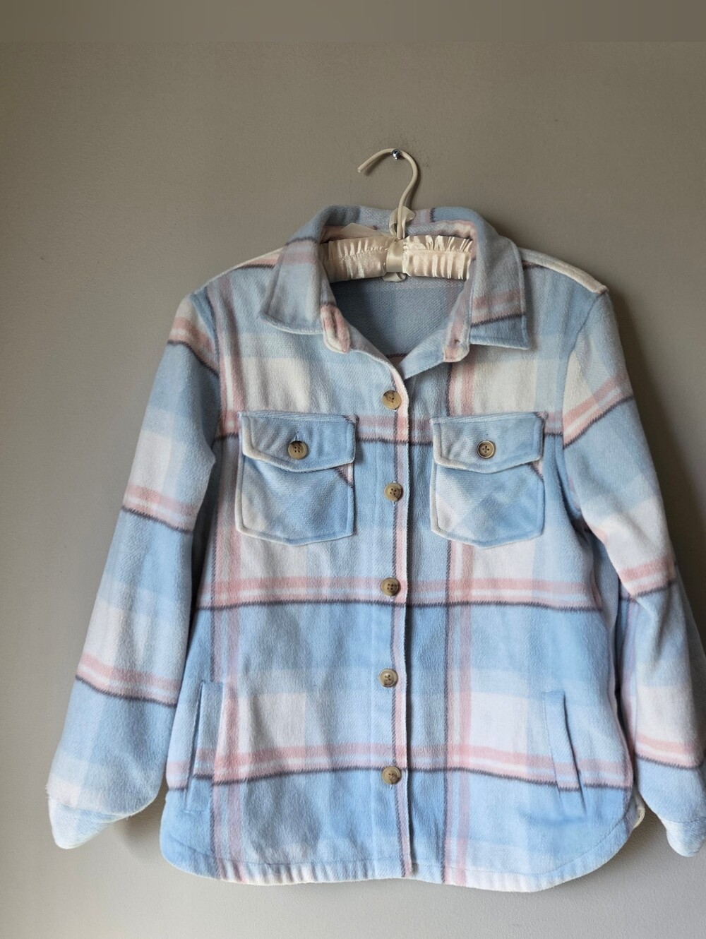 Cozy Light Blue Plaid Shacket Jacket with Button Front